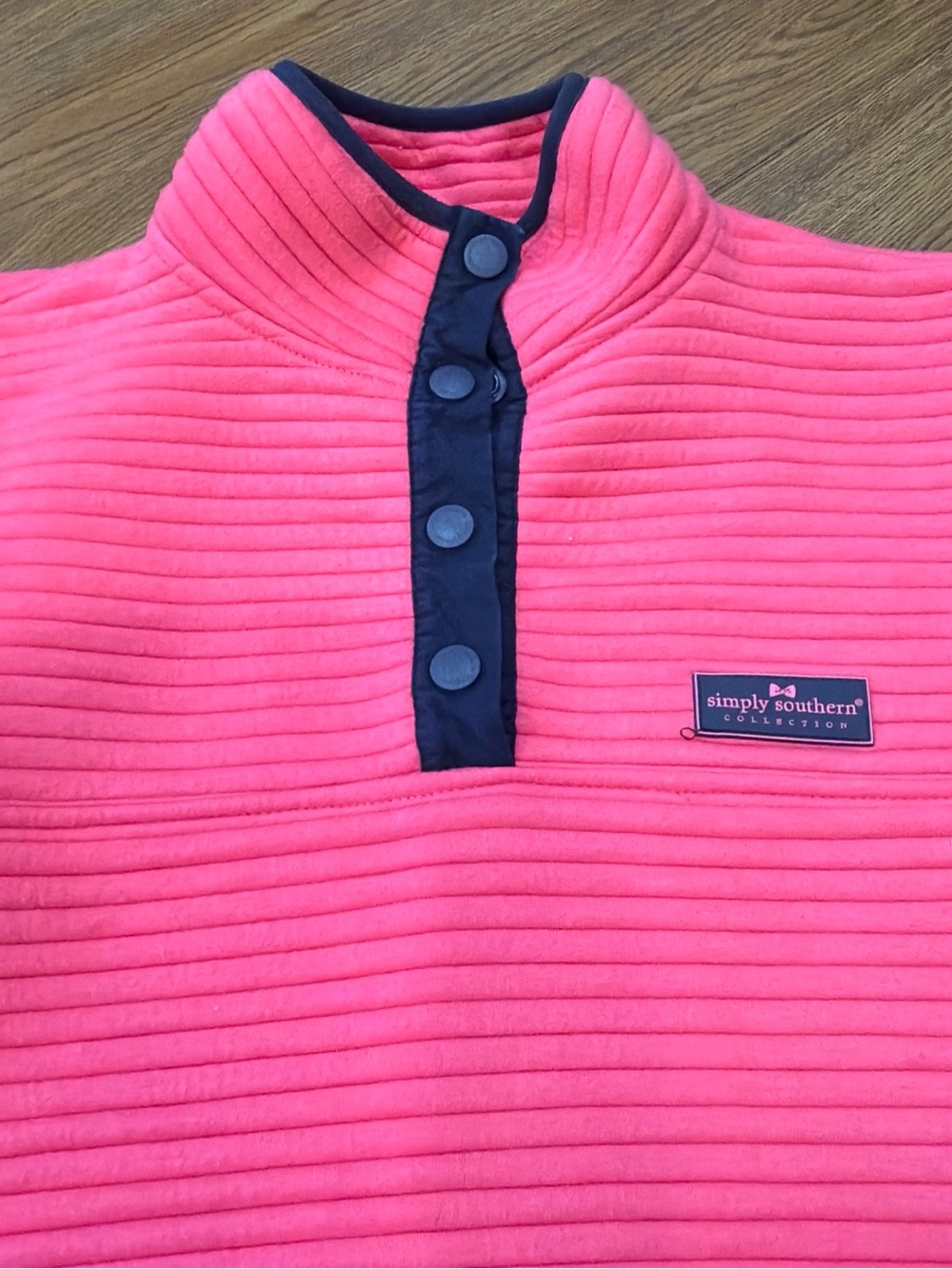 Simply Southern Hot Pink Quilted Snap Pullover with Navy Trim - Picture 4 of 5